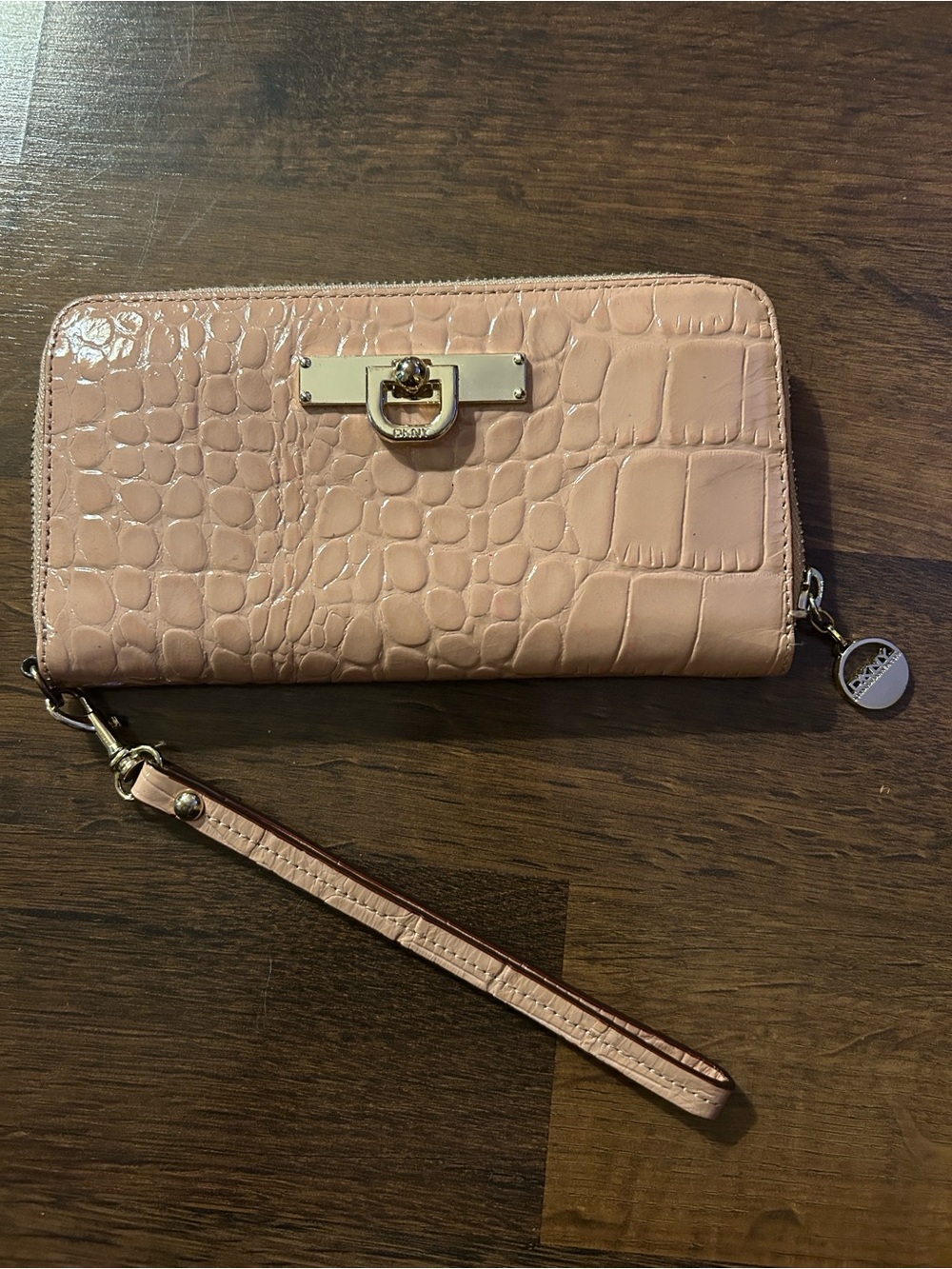 DKNY Blush Croc-Embossed Zip Wristlet Wallet with Gold Hardware